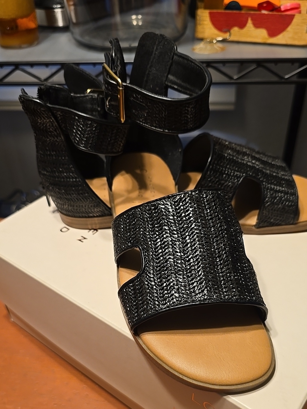 Size 8 Black Woven Leather Ankle-Strap Sandals - Women